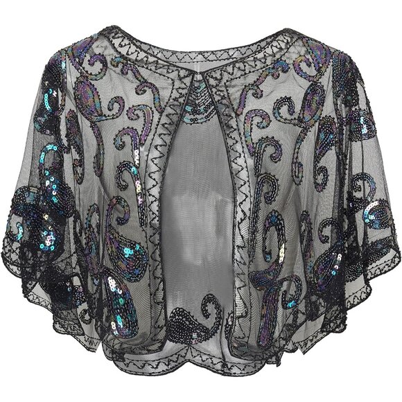 🆕 Women Black Sequin Beaded Evening Cape Bridal Shawl Bolero Flapper Cover Up - Picture 1 of 6